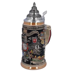 Bierkrug mit Zinndeckel "Stadtwappen", schwarz, 0,75l