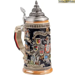 Bierkrug mit Zinndeckel "Stadtwappen", schwarz, 0,4l