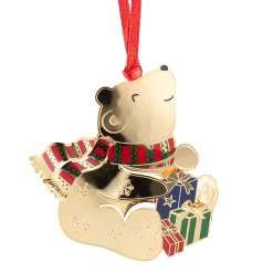 Bärchen mit Geschenken, goldfarben, Metall-Baumbehang
