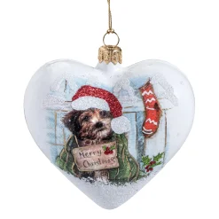 Glasherz weiß matt "Hundeweihnacht", 10 cm