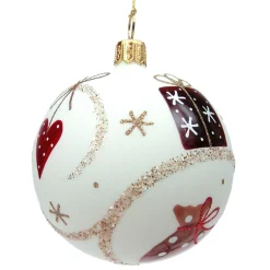 Glaskugel cremefarben matt mit weihnachtlichen Motiven, 7 cm