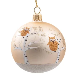 Glaskugel gold matt Eulen auf Bäume, 7 cm