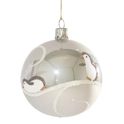 Glaskugel grau mit Pinguinen, 7cm