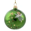 Glaskugel grün glänzend mit Engel und Baum, 7 cm