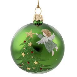 Glaskugel grün glänzend mit Engel und Baum, 7 cm