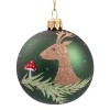 Glaskugel grün matt mit Hirsch und Pilz, 7 cm