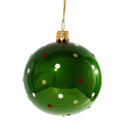 Glaskugel grün mit bunten Punkten, 7 cm