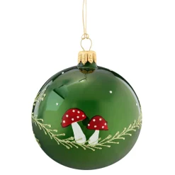 Glaskugel grün mit Fliegenpilzen, 8 cm
