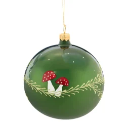 Glaskugel grün mit Fliegenpilzen, 10 cm