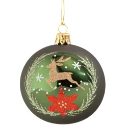Glaskugel grün mit Hirsch, 7 cm