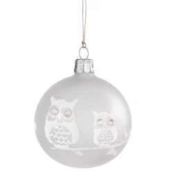 Glaskugel mattweiß mit weißen Eulen, 7 cm