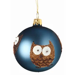Glaskugel petrol mit Eulen, 7cm