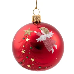 Glaskugel rot glänzend mit Engel und Baum, 7 cm