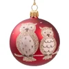 Glaskugel rot matt mit Eulen, 7 cm