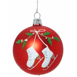 Glaskugel rot mit Schlittschuhen und Mistelzweigen, 7cm