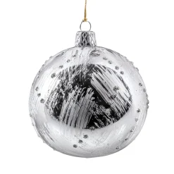Glaskugel silberfarben mit Glitzer und Pinselstrichen, 8 cm