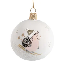 Glaskugel weiß matt mit Igel auf Ski, 7 cm