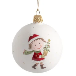 Glaskugel weiß matt mit Mädchen mit Bäumchen, 7 cm