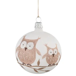 Glaskugel weiß mit braunen Eulen, 7 cm
