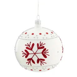 Glaskugel weiß mit roten Flocken, 10 cm