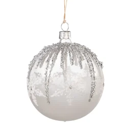 Glaskugel weiß mit silbernen Zacken, 8 cm