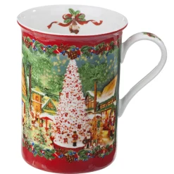 Porzellan-Tasse "Weihnachtsdorf", rot