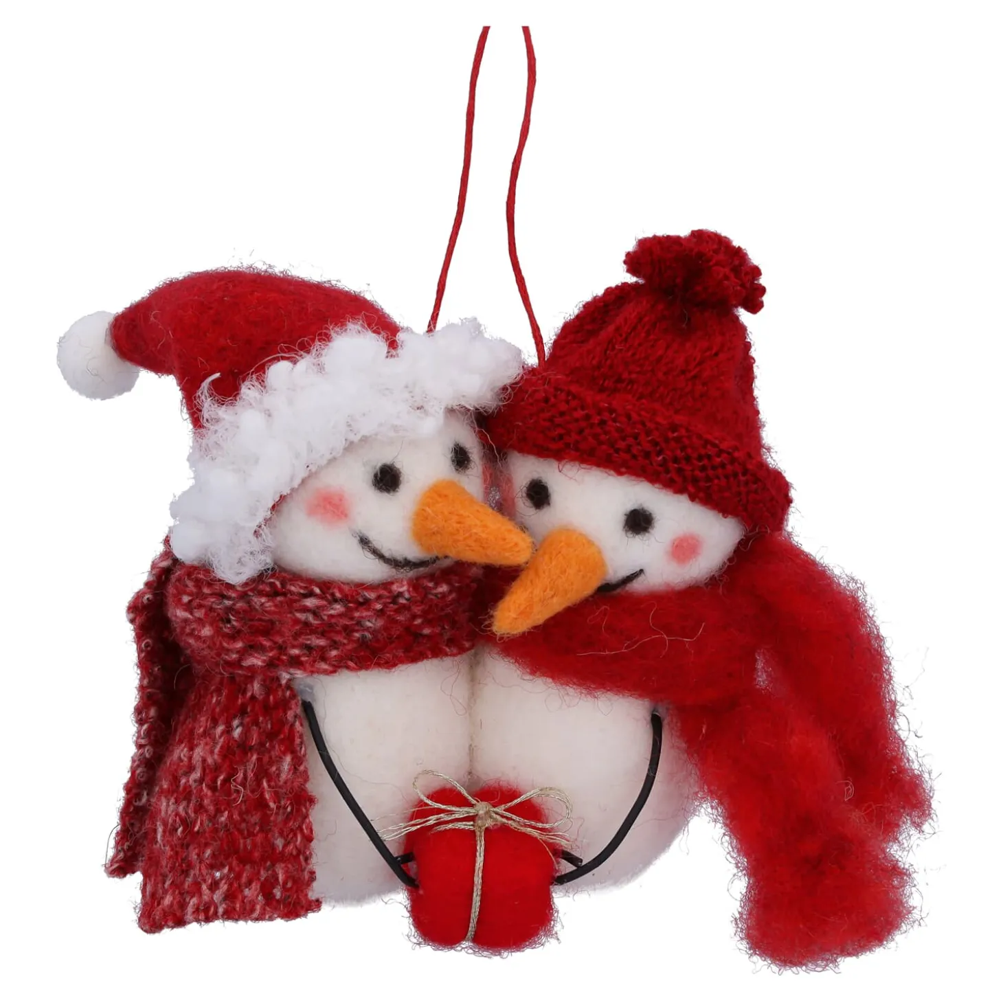 Schneemannpaar mit Geschenk, Filz-Baumbehang