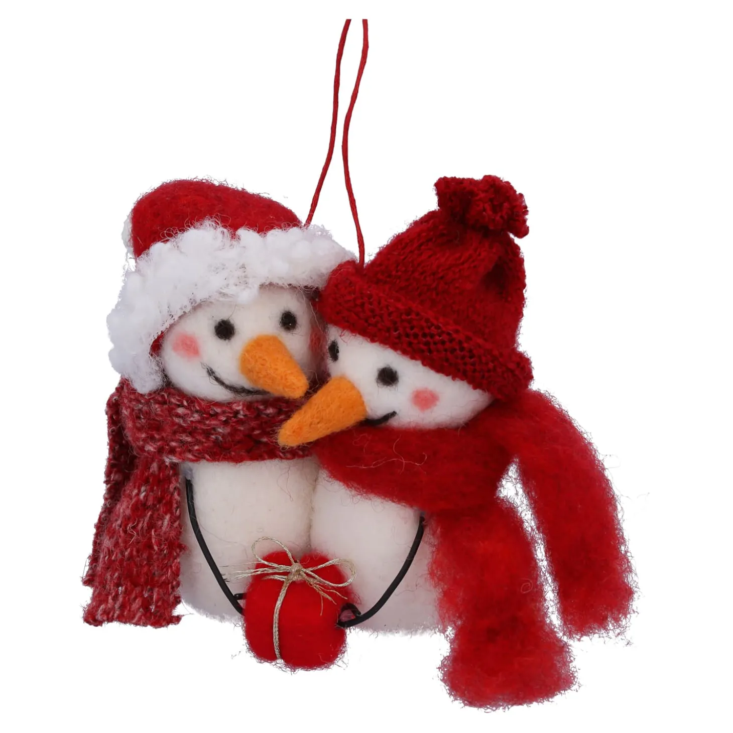 Schneemannpaar mit Geschenk, Filz-Baumbehang