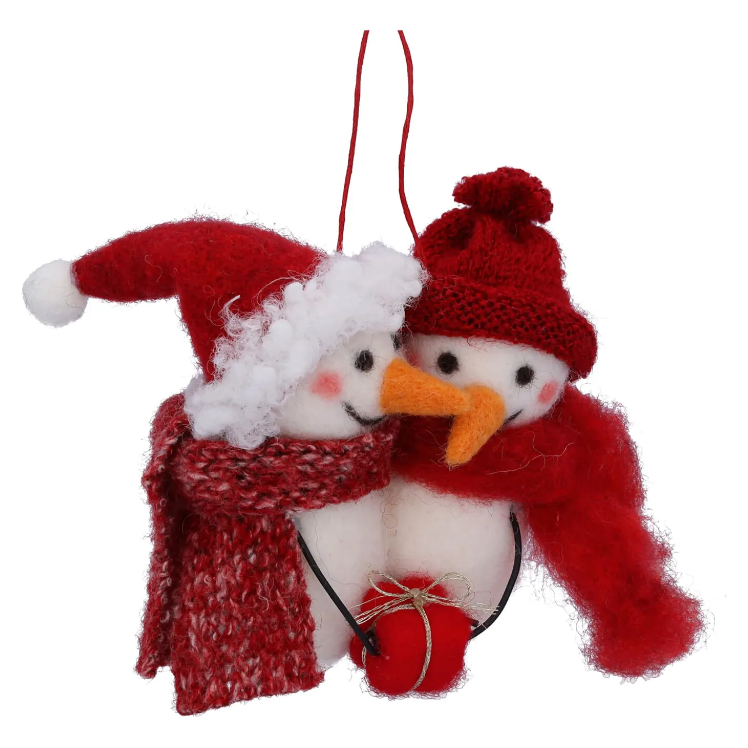 Schneemannpaar mit Geschenk, Filz-Baumbehang