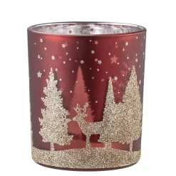 Teelichtglas "Hirsche im Wald" rot, 10 cm