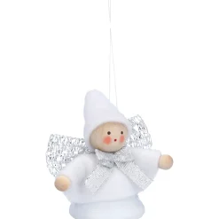 Weihnachtswichtel auf Glocke, weiß, Holz-Baumbehang