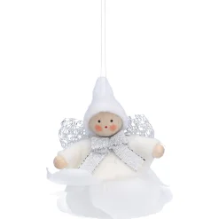 Weihnachtswichtel auf Rose, weiß, Holz-Baumbehang