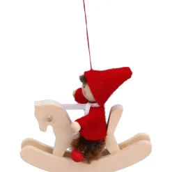 Weihnachtswichtel auf Schaukelpferd, rot, Holz-Baumbehang