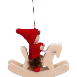 Weihnachtswichtel auf Schaukelpferd, rot, Holz-Baumbehang