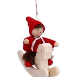 Weihnachtswichtel auf Schaukelpferd, rot, Holz-Baumbehang