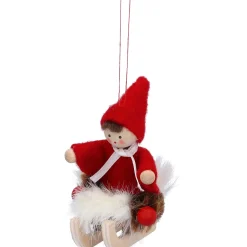 Weihnachtswichtel auf Schlitten, rot, Holz-Baumbehang