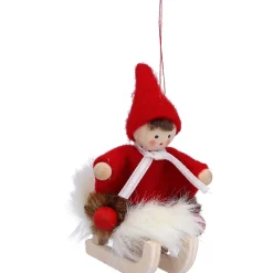 Weihnachtswichtel auf Schlitten, rot, Holz-Baumbehang