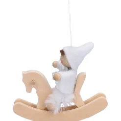 Weihnachtswichtel auf Schaukelpferd, weiß, Holz-Baumbehang