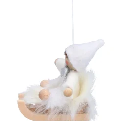 Weihnachtswichtel auf Schlitten, weiß, Holz-Baumbehang