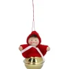 Weihnachtswichtel auf Schelle, rot, Holz-Baumbehang