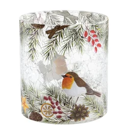 Windlicht "Rotkehlchen auf Weihnachtszweig", 10 cm